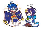  2boys ahoge blue_eyes blue_hair chibi color_connection cosplay costume_switch crossover cup hair_color_connection japanese_clothes kaito male_focus mikazuki_munechika multiple_boys open_mouth scarf seiza sitting smile sparkle touken_ranbu translated verus vocaloid yunomi 