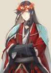  absurdres androgynous bangs black_hair blue_eyes braid crossed_arms elbow_gloves flower gloves hanadi_(hndboo) head_wreath highres izumi-no-kami_kanesada japanese_clothes kimono long_hair male_focus side_braid solo swept_bangs touken_ranbu 