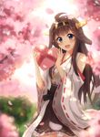  :d absurdres ahoge blush box brown_hair bush cherry_blossoms cowboy_shot detached_sleeves flower frills headgear heart heart-shaped_box highres kantai_collection kongou_(kantai_collection) onamae-kun open_mouth petals purple_eyes ribbon skirt smile solo wide_sleeves 