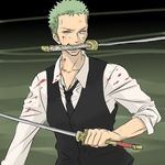  gradient gradient_background green_hair male_focus mouth_hold one_piece roronoa_zoro solo striped_background sword torn_clothes triple_wielding waistcoat weapon 