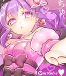  avarita_(otoca_d'or) bad_id bad_pixiv_id black_bow black_sleeves bow earrings heart heart-shaped_pupils heart_earrings hitohira_(shiroringo48) jewelry lowres otoca_d'or outstretched_hand pink_eyes pink_sleeves purple_background purple_hair short_hair solo symbol-shaped_pupils twitter_username 