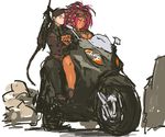  assault_rifle bangs braid breasts brown_hair bullpup character_request cigarette dark_skin glasses glasses_girl_(nameo) goggles goggles_on_head green_eyes ground_vehicle gun highres jewelry large_breasts long_hair motor_vehicle motorcycle multiple_girls nameo_(judgemasterkou) original parted_bangs pink_hair rifle ring sketch smoking steyr_aug twin_braids weapon 