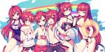  3girls ball beachball belt bikini black_bikini blazing_heart_(elsword) bracelet braid breasts brother_and_sister choker clothes_writing crimson_avenger_(elsword) elesis_(elsword) elsword elsword_(character) grand_master_(elsword) grin half_updo handheld_game_console holding_beachball hood hoodie hose infinity_sword_(elsword) innertube jewelry large_breasts long_hair lord_knight_(elsword) low-tied_long_hair multiple_boys multiple_girls multiple_persona name_tag navel necklace old_school_swimsuit one-piece_swimsuit one_eye_closed pants playstation_portable red_eyes red_hair rune_slayer_(elsword) school_swimsuit shirt shirtless shorts siblings sleeveless sleeveless_shirt smile swimsuit upper_body utm 