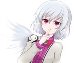  dress finger_to_mouth jacket kishin_sagume purple_eyes shiohachi short_hair shushing silver_hair simple_background single_wing smile solo touhou white_background wings 