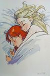  anna_(frozen) blonde_hair closed_eyes couple elsa_(frozen) frozen_(disney) hair_down highres hug hug_from_behind incest lying multiple_girls nude on_side os-da red_hair siblings sisters sleeping spooning traditional_media under_covers yuri 