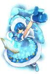  acedia_(otoca_d'or) animal_ears animal_hood arm_up blue_bow blue_dress blue_footwear blue_gloves blue_hair book boots bow bunny_ears capelet dress full_body gloves hair_over_eyes hood mittens oddnoise otoca_d'or print_coat short_hair snowflake_print snowflakes solo 