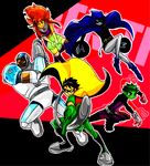  2girls 3boys arm_cannon bald beast_boy black_hair bodysuit boots cape cloak cyborg cyborg_(dc) dark_skin dc_comics dick_grayson flying garfield_logan gloves green_eyes green_hair green_skin grey_skin hood magic multiple_boys multiple_girls orange_hair orange_skin robin_(dc) running simple_background skirt staff teen_titans victor_stone weapon 