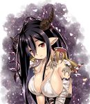  antenna_hair bandages black_hair blush breasts cleavage commentary_request danua draph dress granblue_fantasy gretel_(granblue_fantasy) hair_between_eyes hansel_(granblue_fantasy) horn_ornament horns jewelry large_breasts long_hair looking_at_viewer necklace pointy_ears red_eyes shinozuka_atsuto solo 