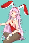  animal_ears ascot ass bad_id bad_pixiv_id black_legwear bunny_ears bunny_tail bunnysuit detached_collar doll_joints faon_ouji fishnet_pantyhose fishnets frown highres long_hair original pantyhose pink_hair red_eyes solo tail very_long_hair wrist_cuffs 