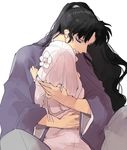  1girl age_difference black_hair closed_eyes flower hair_flower hair_ornament high_ponytail holding hug inuyasha japanese_clothes kanna_(inuyasha) kimono long_hair mumu2126 naraku_(inuyasha) very_long_hair white_hair wide_sleeves yukata 