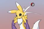  2015 ambiguous_gender anthro black_sclera blue_eyes canine clothed clothing crossover digimon english_text fox fur gloves half-dressed humor mammal mancoin markings nintendo open_mouth pok&eacute;ball pok&eacute;mon raised_eyebrow raised_tail renamon solo text topless tuft video_games what white_fur yellow_fur 
