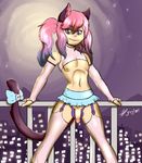  2015 anthro balls bow cat clothed clothing crossdressing cute feline girly hair humanoid_penis jroy101 looking_at_viewer male mammal moon navel night nipples penis pink_hair skirt smile solo star trap underwear 