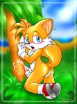  2004 blue_eyes blush clothing cum cum_in_ass cum_inside fangs footwear gloves inuki looking_at_viewer male masturbation miles_prower open_mouth orgasm penis shoes solo sonic_(series) 