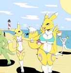  2015 anthro areola balls beach big_breasts bikini blush breasts canine clothed clothing daughter digimon erect_nipples female flaccid fox gatomon group guilmon huge_breasts male mammal mature_female mother mother_and_daughter nipples nude parent penis pubes pussy renamon scalie seaside skimpy slashysmiley sweat swimsuit under_boob undressing 