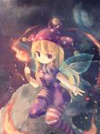  american_flag_dress american_flag_legwear blonde_hair clownpiece earth fairy_wings fire flame hat highres jester_cap long_hair looking_to_the_side moon purple_eyes short_sleeves slit_pupils smile solo space ti_owo torch touhou v very_long_hair wings 
