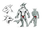  anthro barefoot clothed clothing fish front_view grin half-dressed impximon looking_at_viewer marine multiple_images muscular nipples penis_outline rear_view shark sharp_teeth snarling standing teeth thong topless walking 
