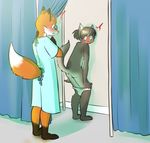  ambiguous_gender anthro blush butt canine clothing curtains doctor drychicken duo embarrassed eyewear fox fur hair mammal open_mouth panties panties_down surprise underwear undressing young 