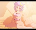  alternate_hair_length alternate_hairstyle anime_coloring bad_id bad_nicoseiga_id bare_legs barefoot breasts crescent crescent_hair_ornament hair_ornament hat medium_breasts mimiru_(mimill) mob_cap open_mouth panties patchouli_knowledge pillow purple_hair red_eyes short_hair sitting sleepwear slit_pupils solo touhou underwear 