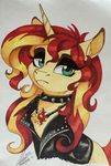  2015 blonde_hair blue_eyes clothing collar dennybutt equestria_girls equine eyeshadow female hair horn jacket makeup mammal my_little_pony necklace portrait red_hair solo spiked_collar sunset_shimmer_(eg) traditional_media_(artwork) unicorn 