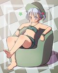  bad_id bad_nicoseiga_id bandeau bare_legs barefoot blue_eyes blue_hair chair checkered checkered_background hair_bobbles hair_ornament hat highres jewelry kawashiro_nitori key mimiru_(mimill) necklace pointy_ears shorts sitting smile solo strapless teeth touhou wristband 