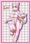  2015 anthro big_breasts breasts collar cute drooling featureless_breasts featureless_crotch feline female fur grey_eyes hair mammal markings navel nude open_mouth paws pink_fur raised_leg saliva slit_pupils smile solo tailzkim teeth text tongue tuft white_fur white_hair 