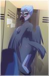  2015 anthro avian beak big_breasts bird blue_eyes blue_hair border breasts butt detailed_background english_text feathers female fur hair locker looking_at_viewer nude open_mouth paper re-sublimity-kun shocked solo star stickers surprise text towel wings 