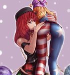  american_flag_dress american_flag_legwear ass ass_rubbing bare_shoulders blonde_hair chain clothes_writing clownpiece derivative_work earth_(ornament) fingering fingering_through_clothes hat hater_(hatater) hecatia_lapislazuli highres jester_cap kneepits long_hair multiple_girls off-shoulder_shirt pantyhose pointy_ears polos_crown red_eyes red_hair shirt smile through_clothes touhou very_long_hair yuri 