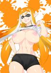  abstract_background big_breasts breasts cleavage clothed clothing erect_nipples female g_brigander55 inkling looking_down nintendo nipples orange_eyes pointy_ears pose shirt shirt_lift smile solo splatoon tentacle_hair tentacles tight_clothing video_games 