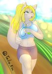 2015 anthro blonde_hair blue_eyes breasts brown_fur canine clothed clothing crop_top english_text exercise female fur hair headphones mammal navel open_mouth outside pointy_ears raised_leg raised_tail running shorts solo tailzkim text 