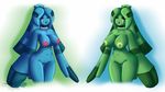  2015 alternate_color anthro blue_skin bronzong duo eyes_closed featureless_breasts featureless_crotch female green_skin hair latiar long_hair markings navel nintendo nude open_mouth pok&eacute;mon pok&eacute;morph red_skin shiny_pok&eacute;mon tongue video_games wide_hips yellow_skin 