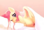  bed blanket equine feral fluttershy_(mlp) friendship_is_magic fur green_eyes hair happysadface_(artist) hooves horse lying mammal my_little_pony nude on_bed on_side one_eye_closed open_mouth pegasus pillow pink_background pink_hair pony pussy simple_background smile under_covers white_sclera wings yellow_fur 