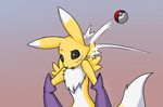  2015 ambiguous_gender anthro bigger_version_at_the_source black_sclera blue_eyes canine clothed clothing crossover digimon doing_it_wrong english_text fox fur gloves half-dressed humor mammal mancoin markings nintendo open_mouth pok&eacute;ball pok&eacute;mon raised_eyebrow raised_tail renamon solo text topless tuft video_games what white_fur yellow_fur 