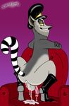  after_sex all_hail_king_julien anthro anus balls boots butt clothing crouching cum cum_inside datsexylemur domination dreamworks feral flaccid footwear king_julien leather lemur looking_at_viewer madagascar male mammal peaked_cap penis primate 