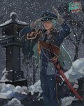  adjusting_clothes adjusting_hat aqua_hair artist_name cape copyright_name gloves hat ichigo_hitofuri male_focus military military_uniform necktie snow snowing solo sword touken_ranbu uniform weapon white_gloves z.i 