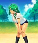 alternate_costume aura bad_id bad_pixiv_id blue_sky bra breasts building buruma cloud day frog_hair_ornament grass green_eyes green_hair ground gym_uniform hair_ornament hair_tubes hands_on_own_knees hips kneehighs kochiya_sanae large_breasts leaning_forward lips long_hair looking_at_viewer nose outdoors see-through sky smile snake_hair_ornament solo sweat thighs tonoa touhou tree underwear wet wet_clothes 