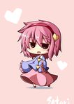  black_eyes blush character_name chibi commentary_request dress hairband heart heart_background highres jitome komeiji_satori ominaeshi_(takenoko) open_mouth pink_background pink_hair short_hair sleeves_past_wrists solid_circle_eyes solo touhou 