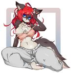  blue_eyes canine chest_tuft clothes_slipping_down ear_piercing female fur hair mammal navel navel_piercing nipples piercing red_hair slugbox solo sweat_pants tuft 