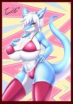  2015 anthro big_breasts blue_fur bra breasts clothed clothing dragon female fur furred_dragon hair hand_on_breast hand_on_hip huge_breasts legwear looking_at_viewer navel pointy_ears raised_tail scalie skimpy smile solo tailzkim text thong underwear white_fur white_hair yellow_eyes 