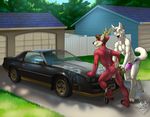  2015 anthro antlers balls butt camaro canine car cervine clothing deer duo ear_piercing erection fur hair horn male male/male mammal nude outside penis penis_outline piercing smile sponge tongue tongue_out underwear vallhund vehicle wet wolf 