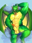  2015 abs amber_eyes anthro balls bird&#039;s-eye_view blue_background clothing colored dragon erection green_scales hand_behind_head high-angle_shot horn iceman1984 licking licking_lips looking_at_viewer male muscular pecs penis rax_(underax) scales scalie simple_background solo speedo spikes swimsuit tongue tongue_out yellow_scales 