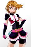  bike_shorts brown_eyes brown_hair cure_black earrings futari_wa_precure gradient gradient_background hand_on_hip heart heart_belt heart_earrings jewelry magical_girl manji_(tenketsu) misumi_nagisa precure short_hair smile solo 