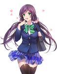  blazer blush bow breasts green_eyes ice_(ice_aptx) jacket long_hair looking_at_viewer love_live! love_live!_school_idol_project low_twintails medium_breasts open_mouth pink_scrunchie purple_hair scrunchie skirt smile solo thighhighs toujou_nozomi twintails zettai_ryouiki 