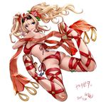  2015 ass bad_anatomy bikini blonde_hair blue_eyes breasts clog_sandals dated eyewear_on_head flower granblue_fantasy hair_flower hair_ornament hibiscus high_heels huge_breasts legs_up long_hair looking_at_viewer lying on_back open_mouth platform_footwear red_bikini sandals shawl simple_background smile solo souryu sunglasses swimsuit tan tanline thigh_strap twintails white_background zeta_(granblue_fantasy) 
