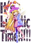  american_flag_dress american_flag_legwear arm_up blonde_hair blush clownpiece english fairy_wings full_body hat jester_cap long_hair looking_at_viewer mokotaro one_eye_closed open_mouth pantyhose print_legwear red_eyes short_sleeves smile solo star striped text_focus touhou very_long_hair white_background wings 