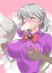  1boy 1girl breasts covered_nipples grabbing grabbing_from_behind heart hetero huge_breasts impossible_clothes impossible_shirt kishin_sagume nipple_tweak pink_background shirt solo_focus tears touhou upper_body yoshino_(hell-ion) 