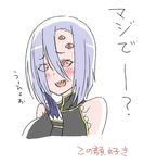  :d arachne blush claws detached_sleeves extra_eyes insect_girl lavender_hair monster_girl monster_musume_no_iru_nichijou niiragi open_mouth partially_translated portrait rachnera_arachnera red_eyes sharp_teeth simple_background sketch smile solo spider_girl teeth translation_request white_background 