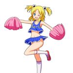  ;d armpits bare_arms bare_shoulders blonde_hair blue_eyes cato_(monocatienus) cheering cheerleader clothes_writing collarbone eyeball hair_ornament hair_ribbon midriff moriya_suwako navel one_eye_closed onomatopoeia open_mouth outstretched_arms pom_poms print_shirt ribbon shirt skirt skirt_set sleeveless sleeveless_shirt smile solo standing standing_on_one_leg touhou two_side_up 