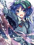  backpack bad_id bad_twitter_id bag blue_eyes blue_hair blurry blush bubble gradient gradient_background hair_bobbles hair_ornament hat kawashiro_nitori key long_sleeves looking_at_viewer open_mouth outstretched_arm shirt short_hair skirt skirt_set smile solo sweetroad touhou twintails two_side_up 