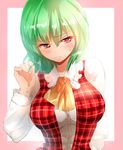  ascot blush breasts commentary_request frills green_hair hair_twirling kazami_yuuka large_breasts looking_away nagare plaid plaid_vest red_eyes shirt short_hair solo sweat touhou upper_body vest white_shirt 