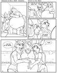  2011 anthro belly big_belly breasts canine clothed clothing comic dessert dialogue donkey duo_radon english_text equine eyes_closed female food fur group hair hand_on_belly hi_res ice_cream inside lagomorph long_hair mammal monochrome navel nipple_bulge open_mouth pregnant purse sitting skirt smile speech_bubble text tongue 